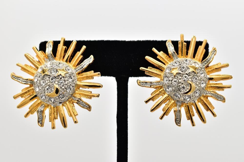 Vintage Celestial Sun Moon Star Rhinestone Crystal Clip On Earrings Gold BinBK